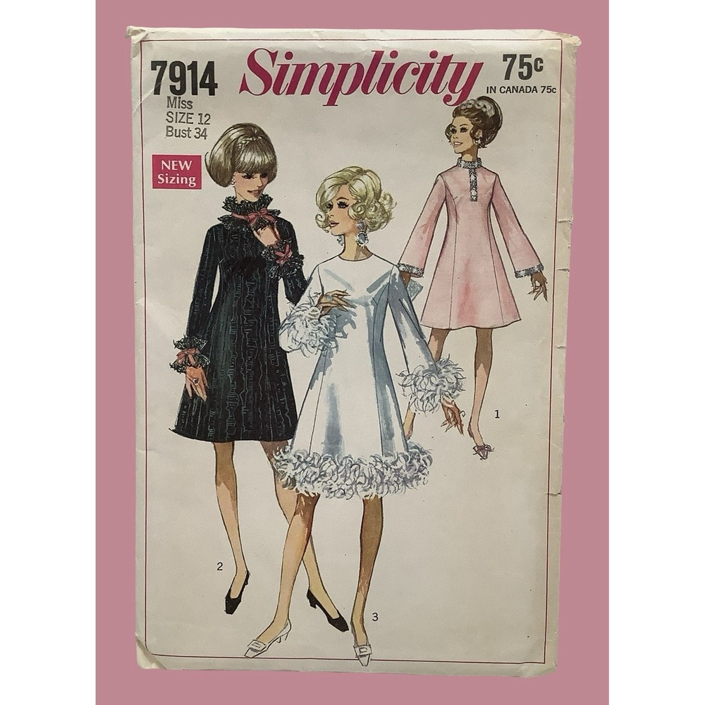 Vintage Simplicity 7914 Mod Dress Pattern Miss 12 Bust 34 Cut Complete 1960s